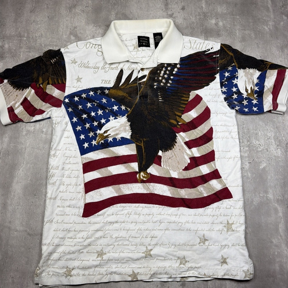 COTTON TRADERS Double-Sided Y2K Flag Polo Shirt Patriotic American Eagle USA L